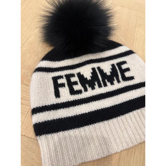 360 Etc.	FEMME Beige and Black Beanie with  Fur PomPom - Picture 2 of 9